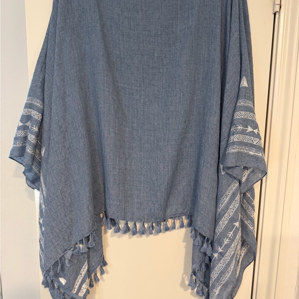 Three Bird Nest Denim Blue Poncho with Ivory Accents